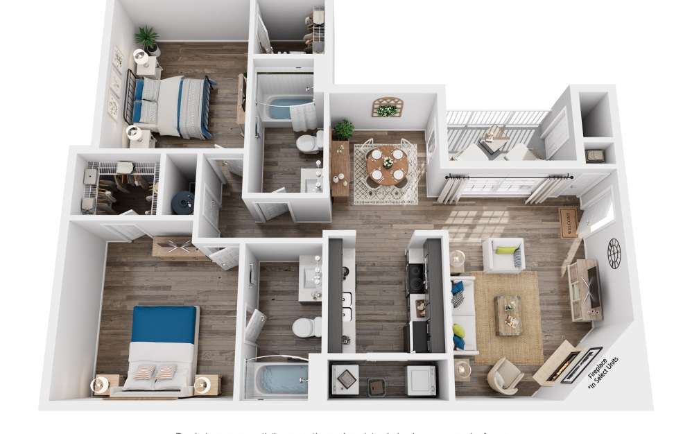 The Russell - 2 bedroom floorplan layout with 2 bathrooms and 1050 - 1131 square feet